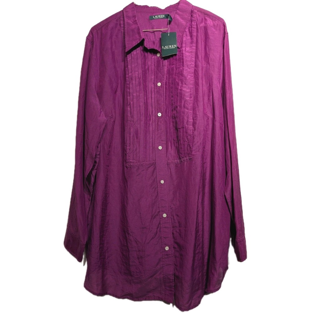 Lauren Ralph Lauren Shirt Women 20W (2X) Purple Silk Blend Pleated Tunic NWT
